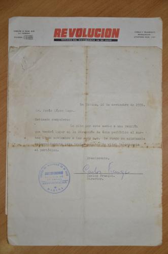 Carta firmada por Carlos Franqui Director pe - Imagen 1