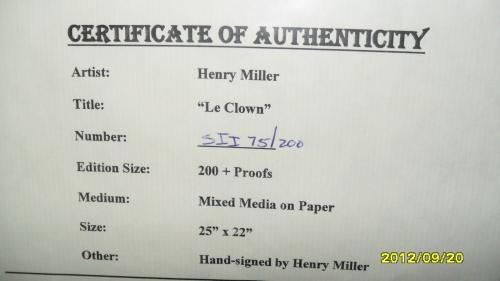 Le CLOWN ~ Henry Miller ~ Limited EditionPrin - Imagen 2